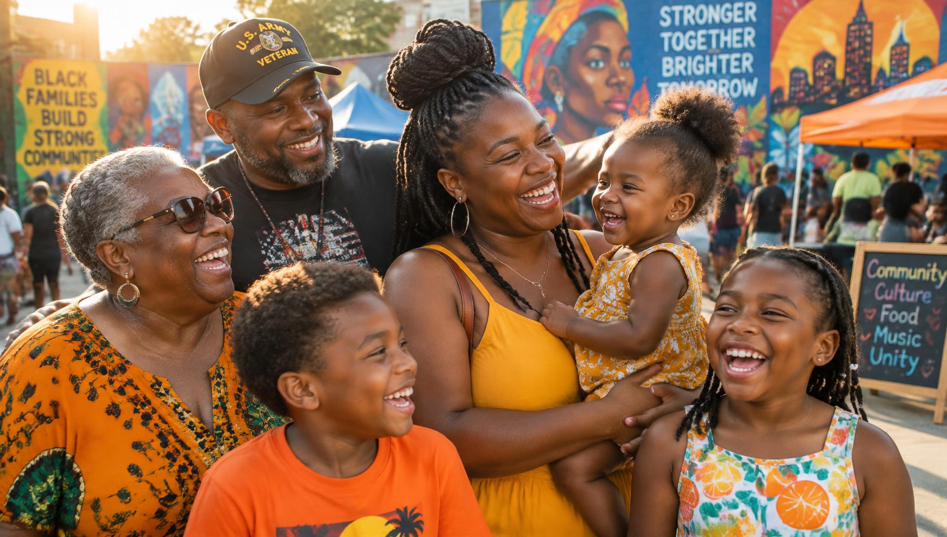 Black families, seniors, a veteran and kids celebrating together at a community festival